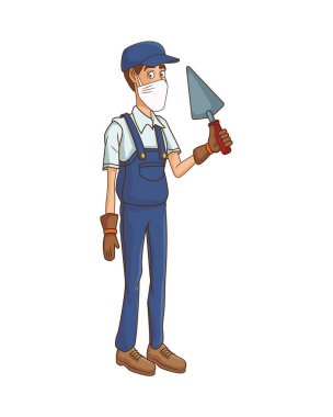 Spatula ile tıbbi maske kullanan inşaatçı