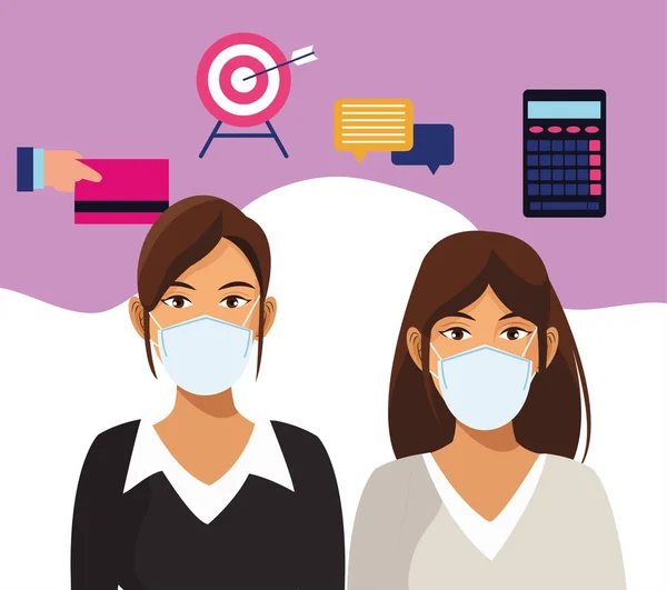 Mulheres de negócios que trabalham e vestem máscaras médicas —  Vetores de Stock