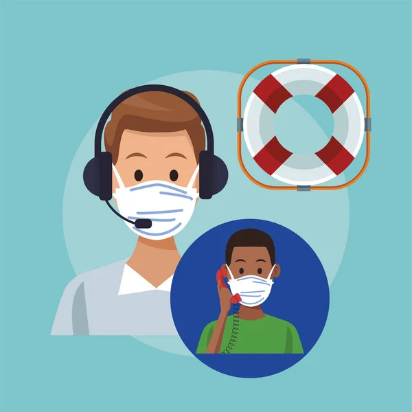 Callcenter stöd manlig arbetare bär medicinsk mask — Stock vektor