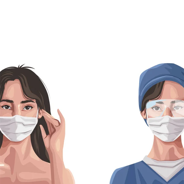 Krankenschwester und Frau mit Fase Maske, Covid19 Schutz — Stockvektor