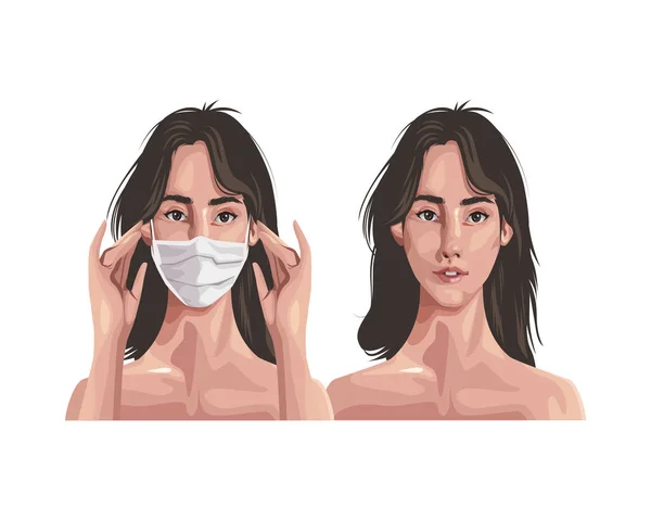 Fase maskesi kullanan kadınlar, covid19 koruması — Stok Vektör
