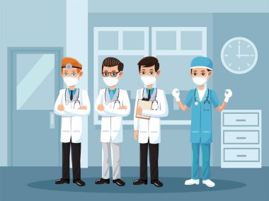 Erkek doktorlar tıbbi maske takıyor.