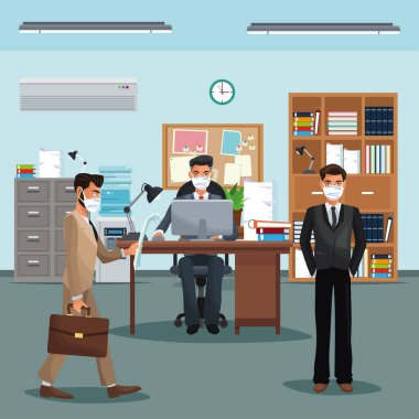 Tıbbi maske takan ve çalışan iş adamları.