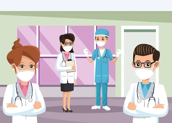 Gruppe von Ärzten mit medizinischen Masken — Stockvektor
