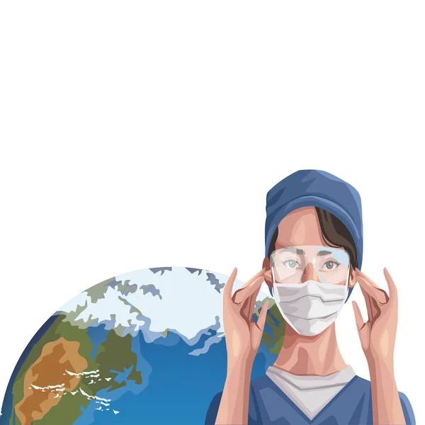 护士长使用防毒面具和地球保护罩 — 图库矢量图片