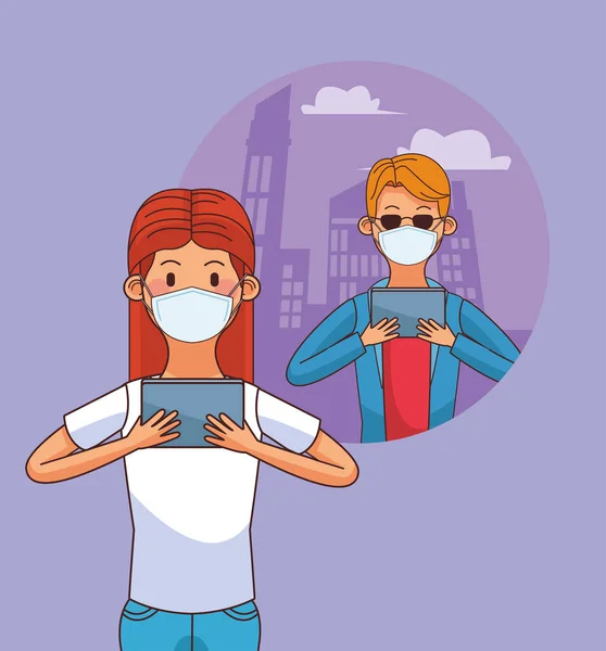 Bağlı kalmak için tıbbi maske takan ve akıllı telefon kullanan çift — Stok Vektör