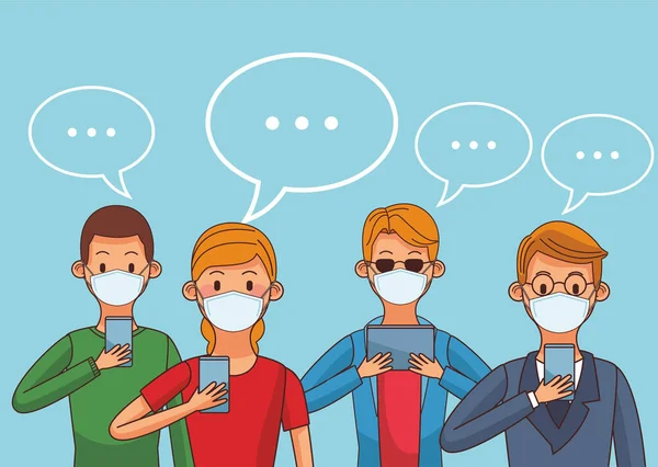 사람들은 의료용 마스크와 스마트폰을 착용하고 서로 연결되어 있습니다. — 스톡 벡터