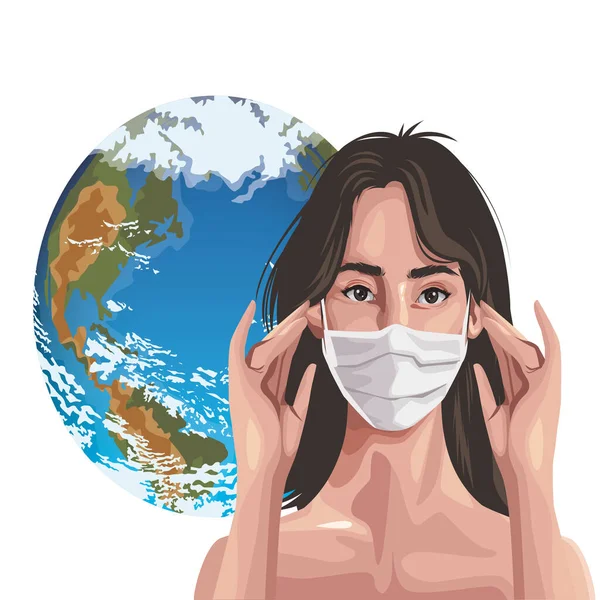 Frau mit Fase Maske mit Erde Planet, covid19 Schutz — Stockvektor