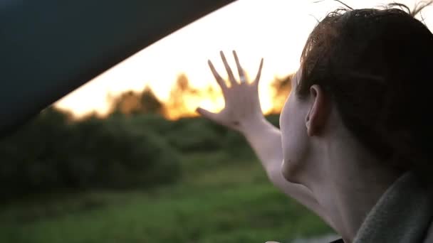 Όμορφη γυναίκα σε ένα αυτοκίνητο απολαμβάνοντας τον άνεμο, το χέρι που παίζει στον αέρα. Ήλιος δύει στην ύπαιθρο. Άνεμος φυσάει τα μαλλιά. Αργή mo — Αρχείο Βίντεο