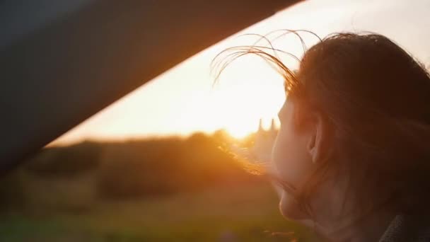 Puesta de sol en la naturaleza. Mujer en un coche, mano jugando en el aire. Atardecer rayos a través de los árboles. El viento sopla pelo. Lento mo — Vídeos de Stock