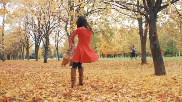 Young beautiful mother turns her cute little son around holding his hand in autumn park slow mo — Stockvideo