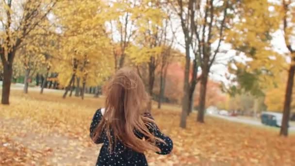 Primer plano linda niña con el pelo rizado, en vestido con lunares corriendo por el callejón de otoño en el parque lento mo — Vídeos de Stock