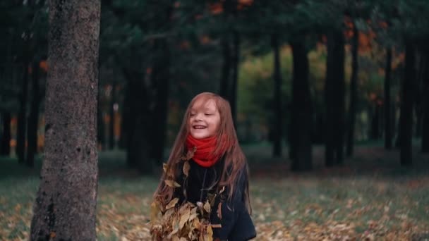 Grappig, vrolijk schattig klein meisje sprong een gele herfst gevallen bladeren slowmotion overgeven — Stockvideo