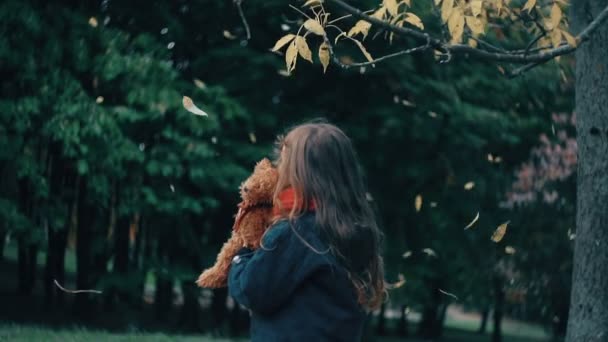 Χαριτωμένο μικρό κορίτσι που παίζει με τις αγκαλιές αρκουδάκι της και το κρατά στα κίτρινα φύλλα της πέφτουν πάνω τους από το δέντρο αργή mo — Αρχείο Βίντεο