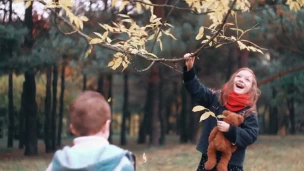 Komik küçük kız ağaç dalı sallar ve sarı sonbahar yaprakları ondan düşmek onun küçük kardeşi nasıl o yapmaya çalışır — Stok video