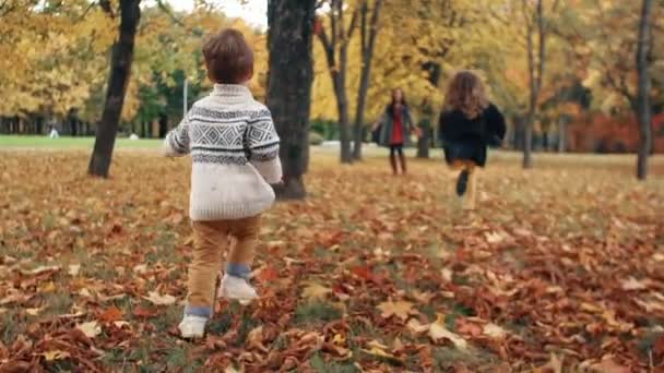 幸せなかわいい兄弟姉妹小さな男の子と女の子は、公園のスローモで素晴らしい秋の路地を通して彼の母親に実行されます — ストック動画