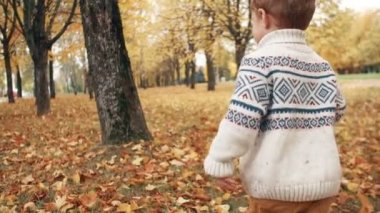 park yavaş hareket inanılmaz sonbahar sokak boyunca düşmüş yaprakları üzerinde çalışan mutlu komik sevimli küçük çocuk