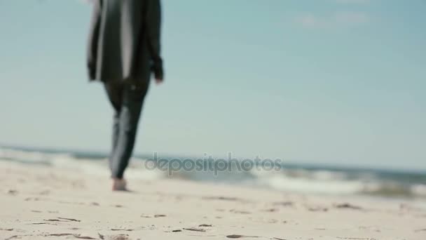 A woman with long dark hair is walking barefoot on a sandy beach towards the waves. — Stock Video