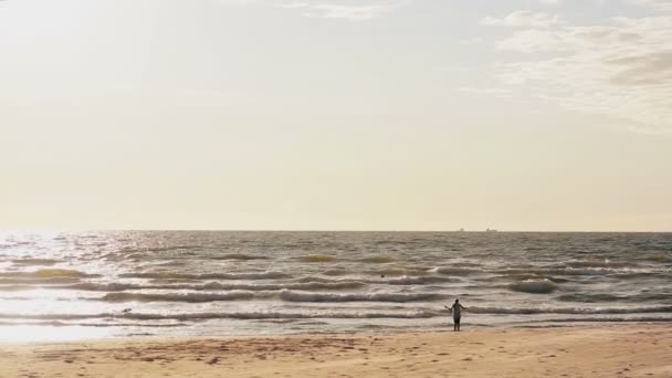 Una vista lejana de una joven que está de pie en una playa de arena mirando las olas espumosas que llegan a sus pies . — Vídeo de stock