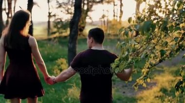 Arkadan görünüşü günbatımında elele ormanda yürüyüş mutlu bir çift. Yavaş mo, steadicam vurdu