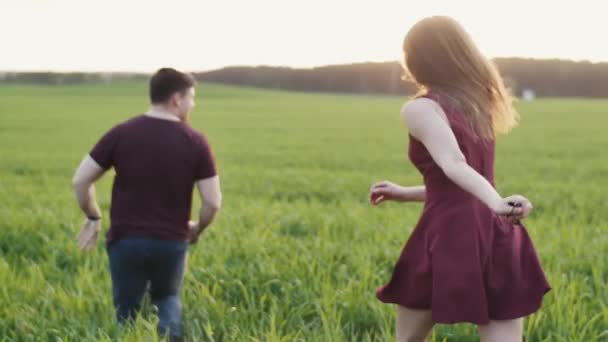 Mujer feliz persigue a su hombre corriendo en el campo al atardecer. Ella salta sobre su espalda. Vista posterior, lento mo, steadicam tiro — Vídeo de stock