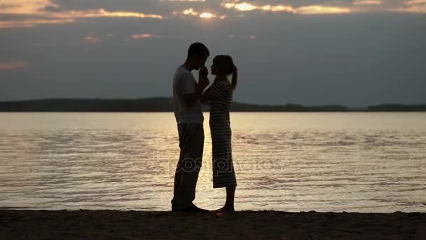 Siluetas de amantes al atardecer. Joven hermosa pareja abrazándose en una orilla del lago — Vídeo de stock
