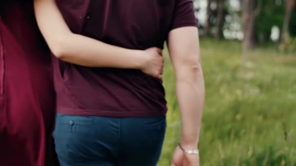 Close-up de mulheres e homens braços em volta uns dos outros em um abraço. Um casal a andar na natureza. Slow mo, steadicam shot — Vídeo de Stock