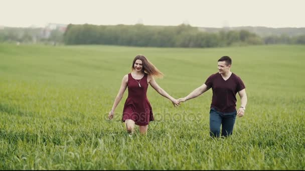Una pareja encantadora en un campo de avena. Mujer bonita salta alegremente mientras caminan. Morena mujeres cabello balanceo. Lento mo — Vídeos de Stock