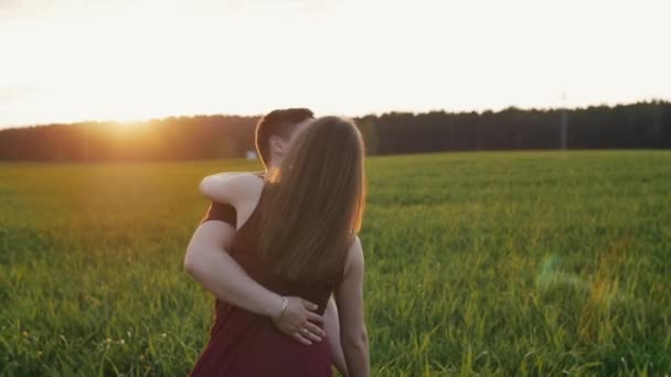 Gelukkig mooi liefhebbers hebben plezier in de natuur. Man en vrouw dans in een veld bij zonsondergang in de zomer. Slow mo — Stockvideo