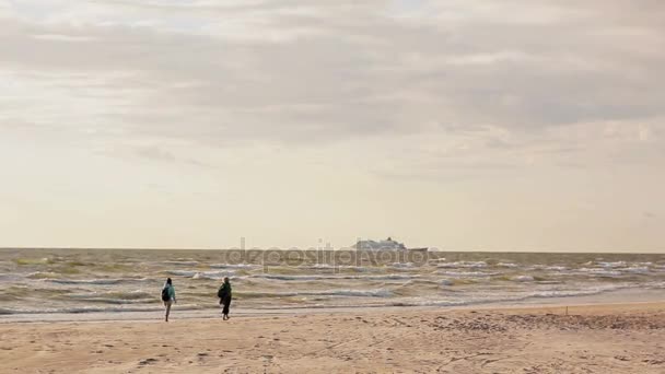 A lo lejos dos mujeres con mochilas caminan descalzas en una playa de arena — Vídeos de Stock