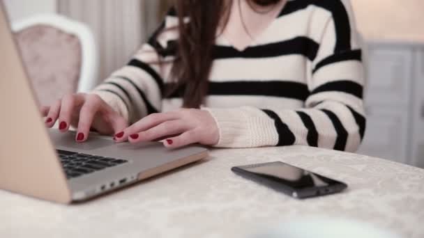 Closeup χέρια νεαρή γυναίκα χρησιμοποιεί το φορητό υπολογιστή σε ένα λαμπερό τραπεζαρία. — Αρχείο Βίντεο