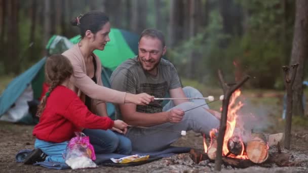 Riposo in famiglia nella natura con il loro piccolo figlio e figlia, cucinano marshmallow sul fuoco aperto e li mangiano . — Video Stock