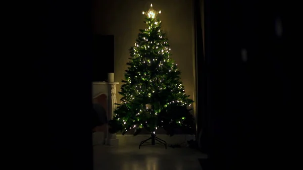 Stop motion. geleidelijk geassembleerd een kunstmatige kerstboom, er zijn slingers verlichting lichten in een donkere kamer. — Stockfoto