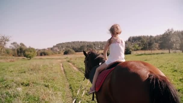 Une petite fille heureuse chevauchant un cheval dans la nature par une journée ensoleillée. Elle sourit. Moteur lent, vue arrière — Video