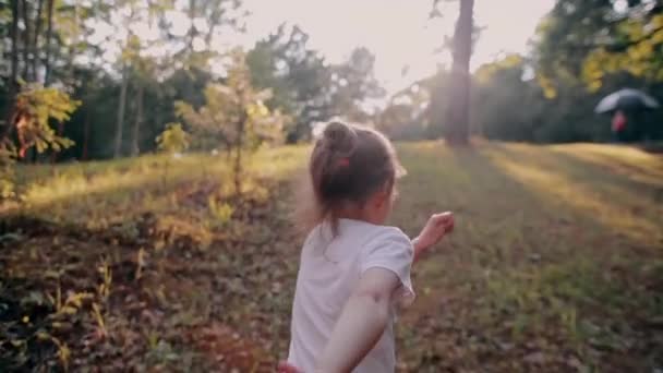 En glad liten flicka kör upp på en kulle i naturen på en solig sommardag. Långsamma mo, bakifrån — Stockvideo