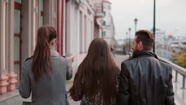 Две модные девушки и два стильных мужчины весело прогуливаются по городу и разговаривают. Медленный, устойчивый снимок, вид сзади — стоковое видео