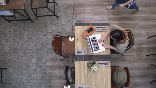 Vista superior. Mujer de negocios que trabaja en el ordenador portátil en la cafetería 4k — Vídeos de Stock