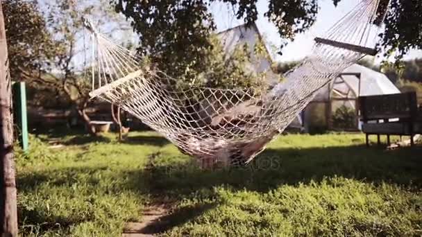 Cute little boy lying in a hammock and swing sleeping outdoor in a summer day — Stock Video
