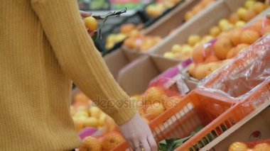 Yakın çekim kadın s el limon süpermarkette seçimi görünümünü, iki meyve tutan sonra geri koy. Portakal kadar seç. 4k