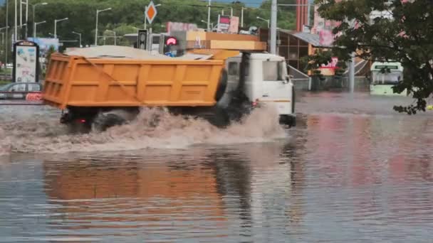 20 JULIO 2016 MINSK, BÉLARO Inundación en carretera concurrida en las calles de la ciudad después de la lluvia con sonido. Multitud de personas de pie y esperar . — Vídeo de stock