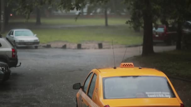 Βροχή χύνει σε αυτοκίνητα και ένα ταξί στο δρόμο με τον ήχο. Βροντής και της αστραπής. — Αρχείο Βίντεο