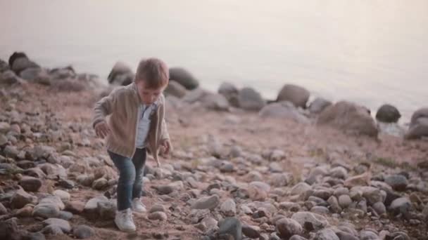 Söt liten pojke walking nära vattnet genom stenarna. Man faller på klipporna och stiger. — Stockvideo
