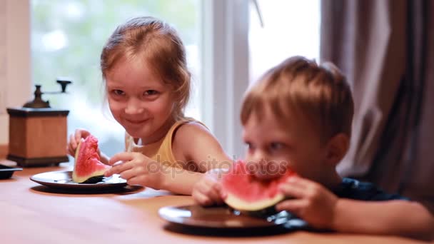 Dos niños lindos hermano y hermana comiendo una sandía. Chica riendo y mirando al chico, él haciendo cara graciosa . — Vídeos de Stock