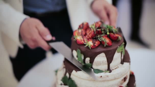 Vista de perto de uma noiva e noivo cortando seu bolo de casamento no estilo de boho com chocolate e frutas frescas . — Vídeo de Stock