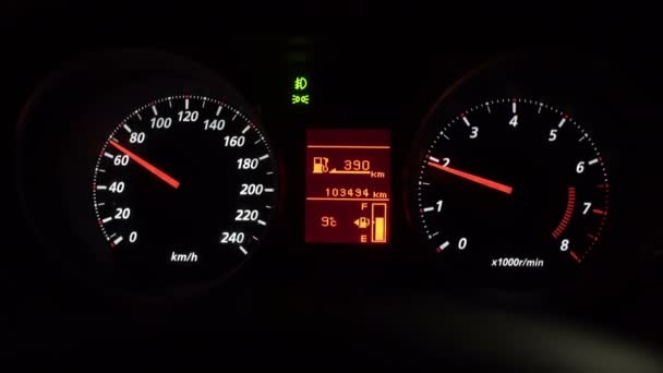 Close-up view of dashboard in the car at night time, control panel. — Stock Video