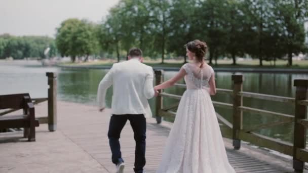 Maravilhoso casal andar em um cais em roupas de casamento. Eles dão as mãos, falam e se divertem. Bela natureza. Visão traseira — Vídeo de Stock