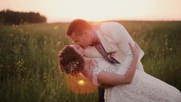 El guapo novio sostiene a su hermosa novia en sus brazos, besándola. Boda al atardecer en un hermoso lugar en la naturaleza — Vídeos de Stock