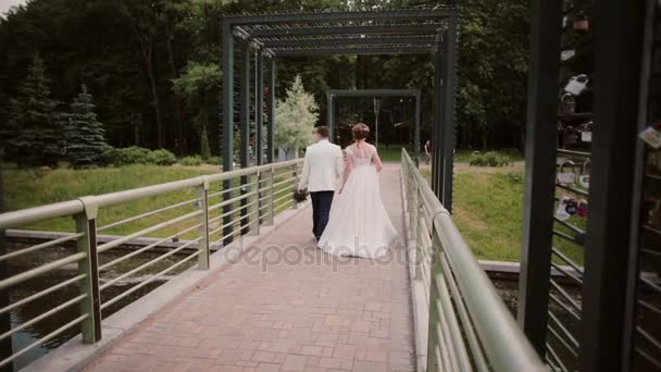 Back view of lovers walking on a bridge in a park. Bride and groom have good time on their wedding day. — Stock Video