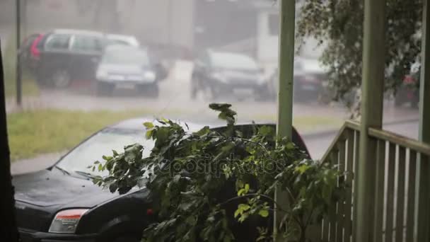 Tunga skyfall på bilar, träd och marken och en lightning med ljud. — Stockvideo