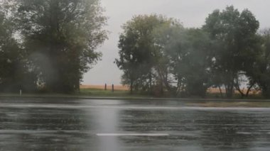 yağmur, su çevresinde de yol geçen araçların görünümü. Ağaçların diğer tarafında.